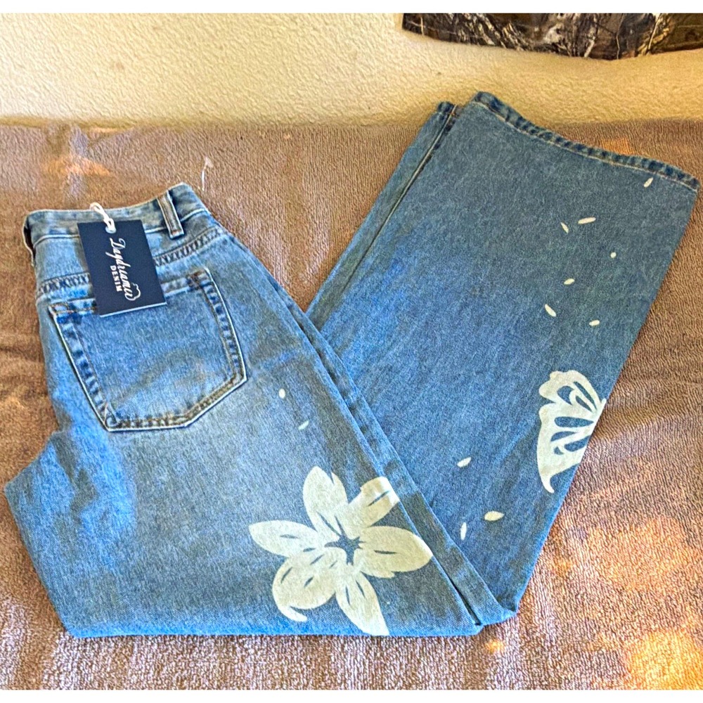 Daydreamer Denim Blue Floral Wide-Leg Jeans 5-Pocket Button Closure Size 0